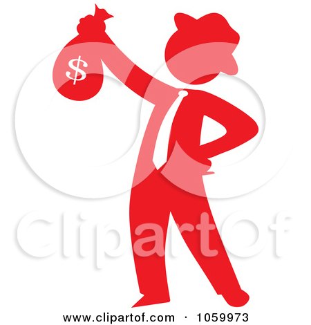 Royalty-Free Vector Clip Art Illustration of a Red Silhouetted Philanthropist Businessman Holding A Money Bag by Rosie Piter