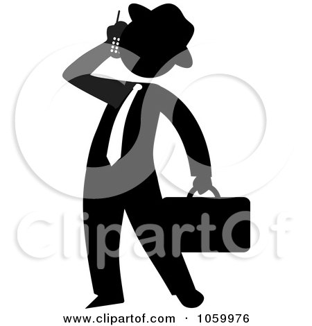 Royalty-Free Vector Clip Art Illustration of a Black Silhouetted Businessman Talking On A Cellular Phone by Rosie Piter