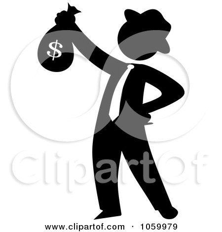 Royalty-Free Vector Clip Art Illustration of a Black Silhouetted Philanthropist Businessman Holding A Money Bag by Rosie Piter