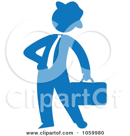 Royalty-Free Vector Clip Art Illustration of a Blue Silhouetted Businessman Standing With A Briefcase by Rosie Piter