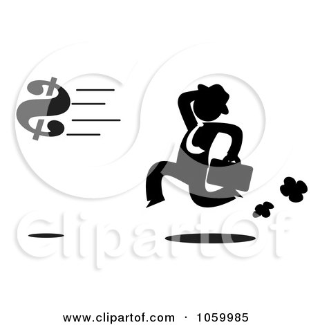 Royalty-Free Vector Clip Art Illustration of a Black Silhouetted Businessman Chasing A Dollar Symbol by Rosie Piter