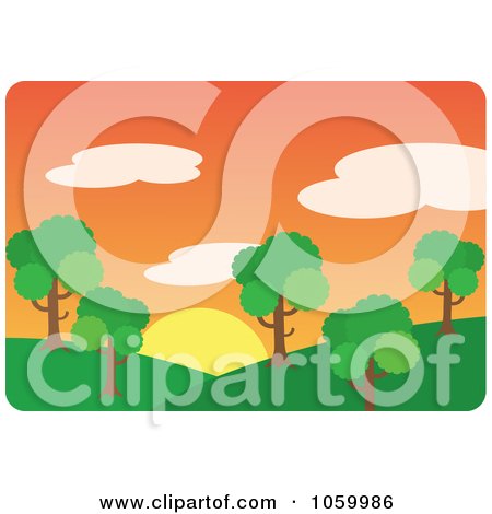 Royalty-Free Vector Clip Art Illustration of a Park With Hills And Trees At Sunset by Rosie Piter
