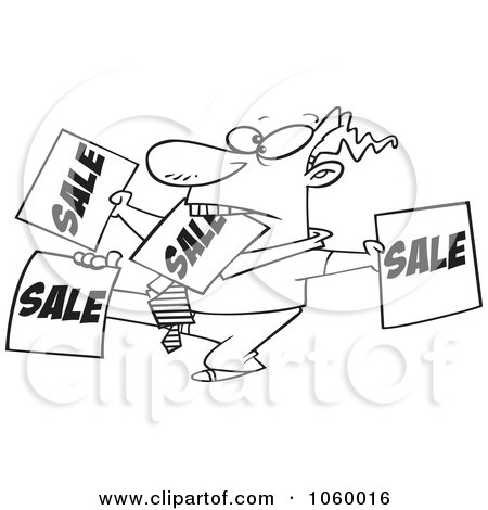 Royalty-Free Vector Clip Art Illustration of a Cartoon Black And White Outline Design Of A Salesman Holding Up Many Signs by toonaday
