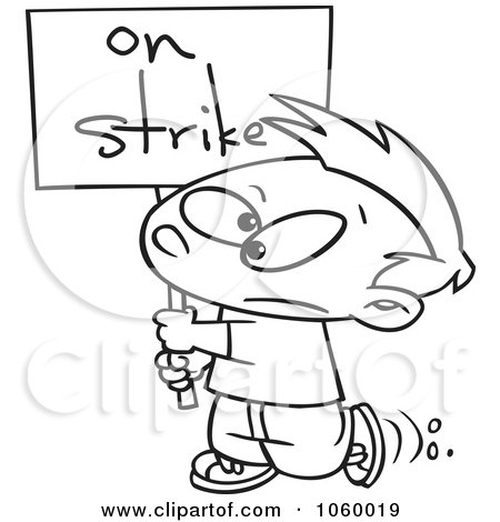 Royalty-Free Vector Clip Art Illustration of a Cartoon Black And White Outline Design Of A Boy Carrying An On Strike Sign by toonaday