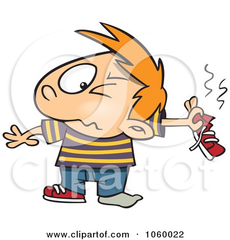 Royalty-Free Vector Clip Art Illustration of a Cartoon Boy Holding Out A Smelly Shoe by toonaday