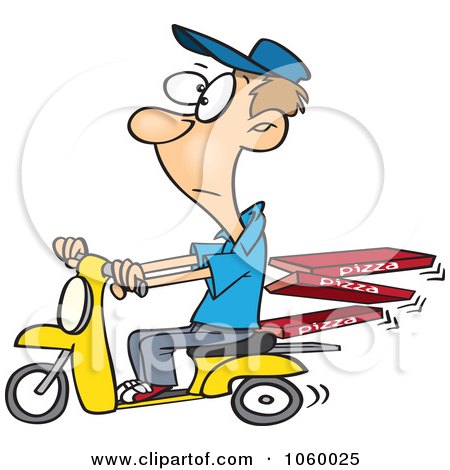 Royalty-Free Vector Clip Art Illustration of a Cartoon Man Delivering Pizza On A Scooter by toonaday