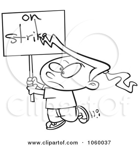Royalty-Free Vector Clip Art Illustration of a Cartoon Black And White Outline Design Of A Girl On Strike by toonaday