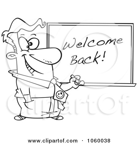 Royalty-Free Vector Clip Art Illustration of a Cartoon Black And White Outline Design Of A Male Teacher Writing Welcome Back On A Board by toonaday