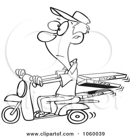 Royalty-Free Vector Clip Art Illustration of a Cartoon Black And White Outline Design Of A Man Delivering Pizza On A Scooter by toonaday