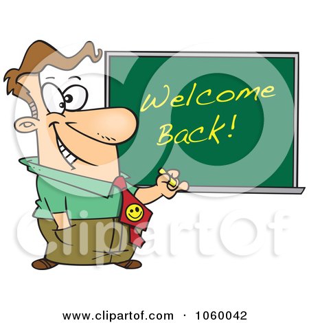 Royalty-Free Vector Clip Art Illustration of a Cartoon Male Teacher Writing Welcome Back On A Board by toonaday