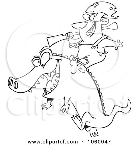 Royalty-Free Vector Clip Art Illustration of a Cartoon Black And White Outline Design Of A Man Riding An Alligator by toonaday