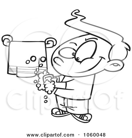 Royalty-Free Vector Clip Art Illustration of a Cartoon Black And White Outline Design Of A Clean Boy Washing His Hands by toonaday