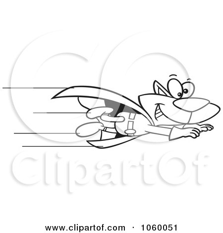 Royalty-Free Vector Clip Art Illustration of a Cartoon Black And White Outline Design Of A Super Cat Flying by toonaday