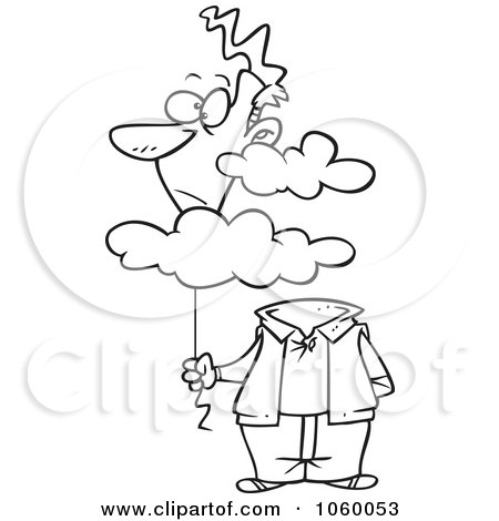 Royalty-Free Vector Clip Art Illustration of a Cartoon Black And White Outline Design Of A Man With His Balloon Head In The Cloud by toonaday