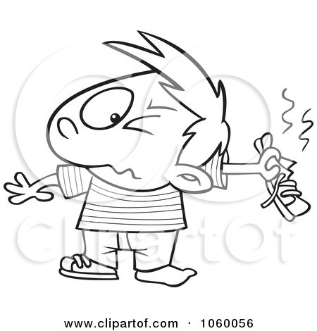 Royalty-Free Vector Clip Art Illustration of a Cartoon Black And White Outline Design Of A Boy Holding Out A Smelly Shoe by toonaday