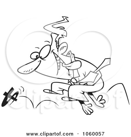 Royalty-Free Vector Clip Art Illustration of a Cartoon Black And White Outline Design Of A Businessman Chasing Money by toonaday