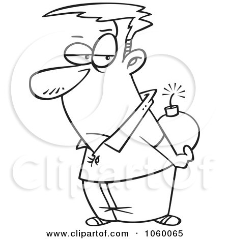 Royalty-Free Vector Clip Art Illustration of a Cartoon Black And White Outline Design Of A Man Holding A Bomb Behind His Back by toonaday