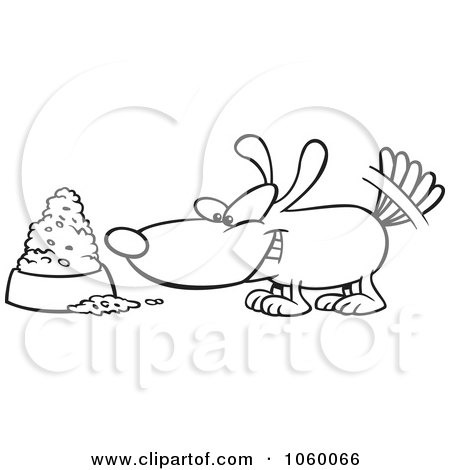 Royalty-Free Vector Clip Art Illustration of a Cartoon Black And White Outline Design Of A Dog Wagging His Tail By A Food Bowl by toonaday