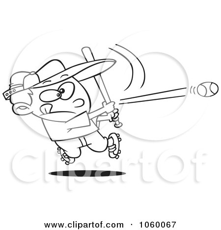 Royalty-Free Vector Clip Art Illustration of a Cartoon Black And White Outline Design Of A Baseball Boy Hitting A Home Run by toonaday
