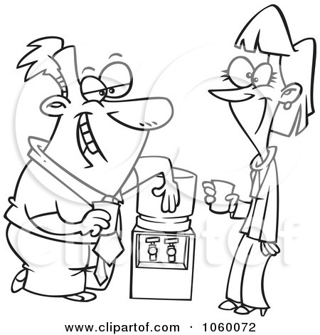 Royalty-Free Vector Clip Art Illustration of a Cartoon Black And White Outline Design Of Colleagues Flirting At The Water Cooler by toonaday
