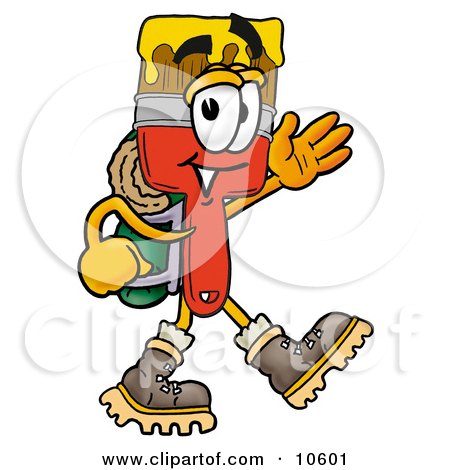 Clipart Picture of a Paint Brush Mascot Cartoon Character Hiking and Carrying a Backpack by Mascot Junction
