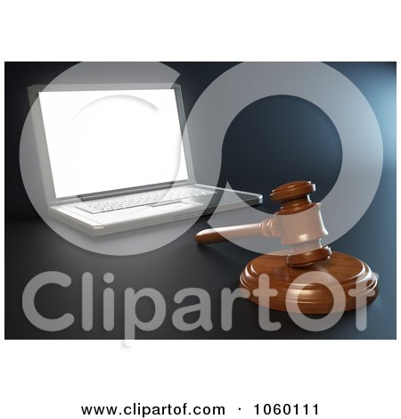Royalty-Free CGI Clip Art Illustration of a 3d Gavel By A Laptop by Mopic
