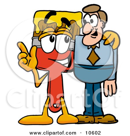 Clipart Picture of a Paint Brush Mascot Cartoon Character Talking to a Business Man by Mascot Junction