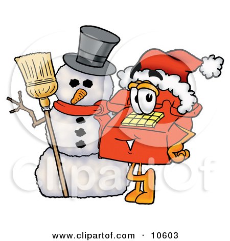 Clipart Picture of a Red Telephone Mascot Cartoon Character With a Snowman on Christmas by Mascot Junction