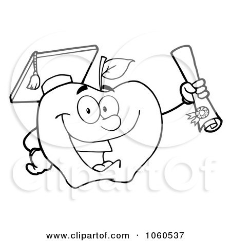 Royalty-Free Vector Clip Art Illustration of an Outlined Student Apple Holding A Diploma by Hit Toon