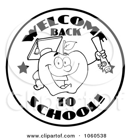 Royalty-Free Vector Clip Art Illustration of a Black And White Welcome Back To School Circle And Student Apple Holding A Diploma by Hit Toon