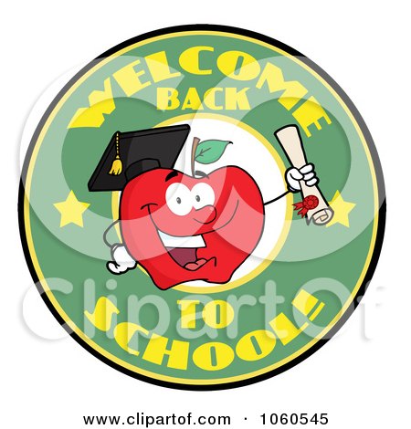 Royalty-Free Vector Clip Art Illustration of a Welcome Back To School Circle And Student Apple Holding A Diploma - 1 by Hit Toon