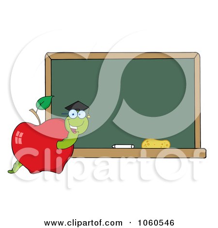 Royalty-Free Vector Clip Art Illustration of a Student Worm In An Apple By A Chalkboard - 1 by Hit Toon