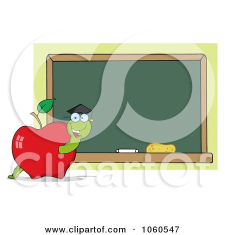 Royalty-Free Vector Clip Art Illustration of a Student Worm In An Apple By A Chalkboard - 2 by Hit Toon