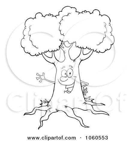 Royalty-Free Vector Clip Art Illustration of an Outlined Friendly Tree Waving by Hit Toon