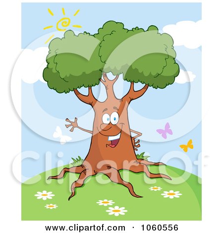 Royalty-Free Vector Clip Art Illustration of a Friendly Tree Waving On A Hill by Hit Toon