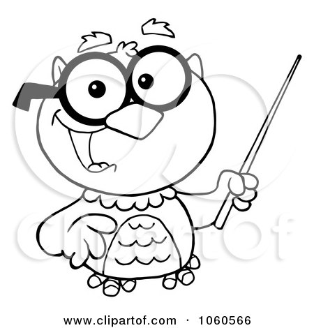 Royalty-Free Vector Clip Art Illustration of an Outlined Professor Owl Holding A Pointer Stick by Hit Toon