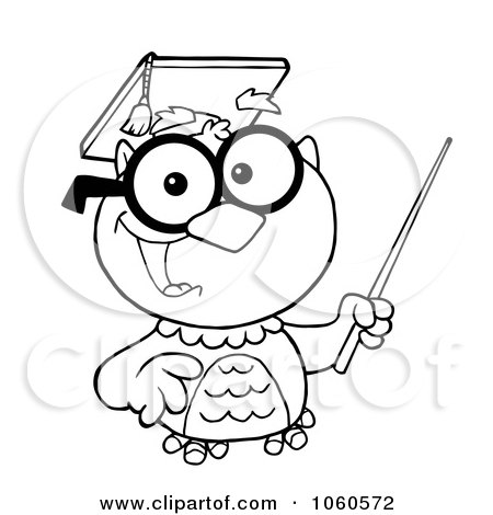 Royalty-Free Vector Clip Art Illustration of an Outlined Teacher Owl Holding A Pointer Stick by Hit Toon
