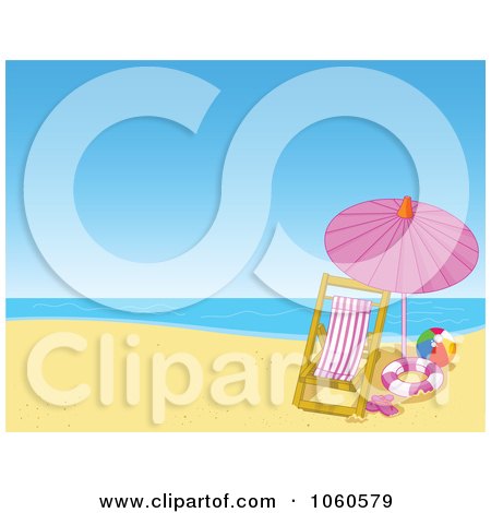 Royalty-Free Vector Clip Art Illustration of a Lounge Chair And Umbrella On A Summer Beach by Pushkin