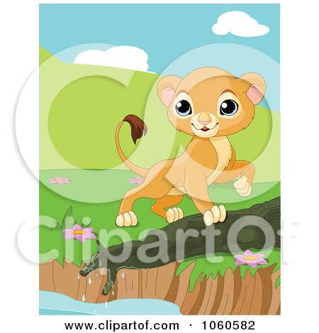 Royalty-Free Vector Clip Art Illustration of a Proud Lion Cub Walking Around A Pond by Pushkin