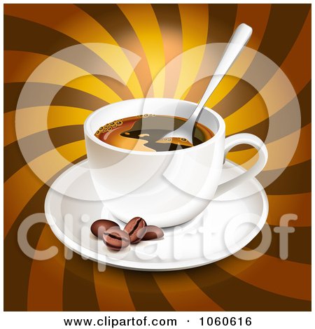 Royalty-Free Vector Clip Art Illustration of a 3d Coffee With Beans Over Brown Rays by Oligo