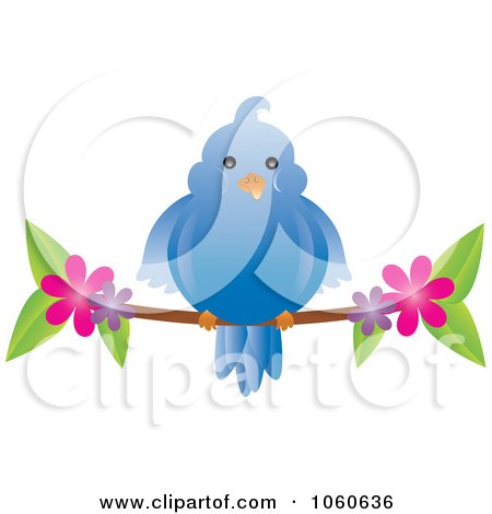 Royalty-Free Vector Clip Art Illustration of a Chubby Blue Bird On A Blossoming Branch by Pams Clipart