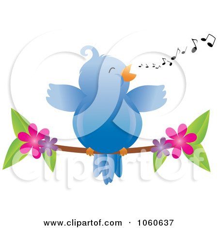 Royalty-Free Vector Clip Art Illustration of a Chubby Bluebird Whistling On A Blossoming Branch by Pams Clipart