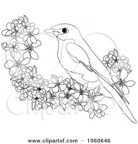 Royalty-Free Vector Clip Art Illustration of a Coloring Page Outline Of A Bird And Blossoms by Pams Clipart