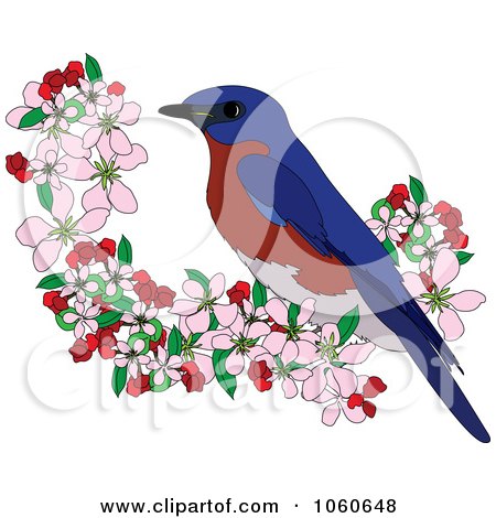 Royalty-Free Vector Clip Art Illustration of a Bluebird Perched In Apple Blossoms - 2 by Pams Clipart