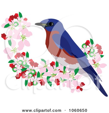 Royalty-Free Vector Clip Art Illustration of a Bluebird Perched In Apple Blossoms - 1 by Pams Clipart