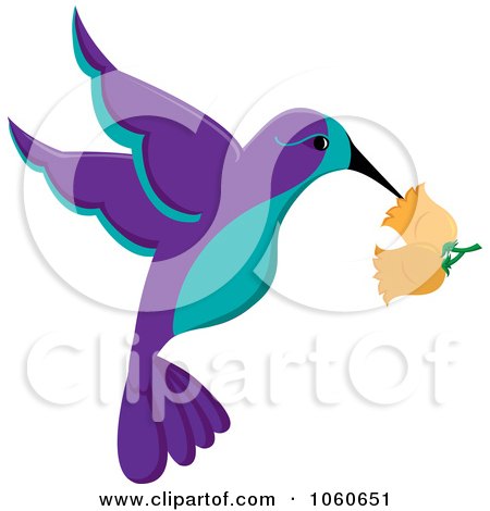 Royalty-Free Vector Clip Art Illustration of a Purple And Turquoise Hummingbird With Trumpet Flowers by Pams Clipart
