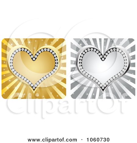 Royalty-Free Vector Clip Art Illustration of a Digital Collage Of Silver And Golden Diamond Hearts Over Rays by Andrei Marincas