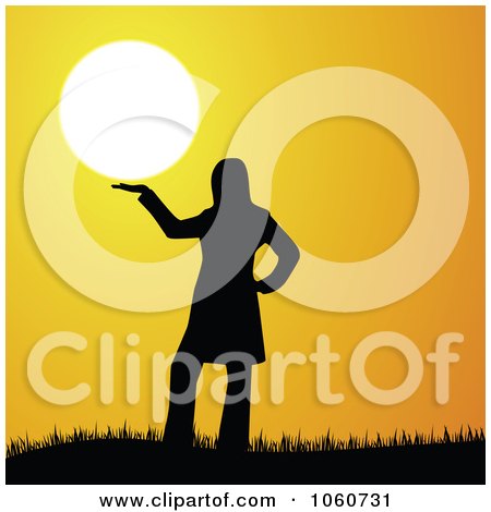 Royalty-Free Vector Clip Art Illustration of a Silhouetted Woman Presenting An Orange Sunset by Andrei Marincas