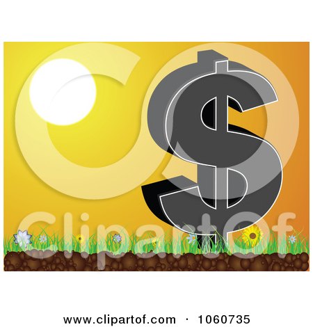 Royalty-Free Vector Clip Art Illustration of a Dollar Symbol On Grass Against An Orange Sunset by Andrei Marincas