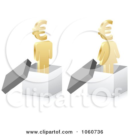 Royalty-Free Vector Clip Art Illustration of a Digital Collage Of A Golden Man And Woman In Boxes With Euro Heads by Andrei Marincas